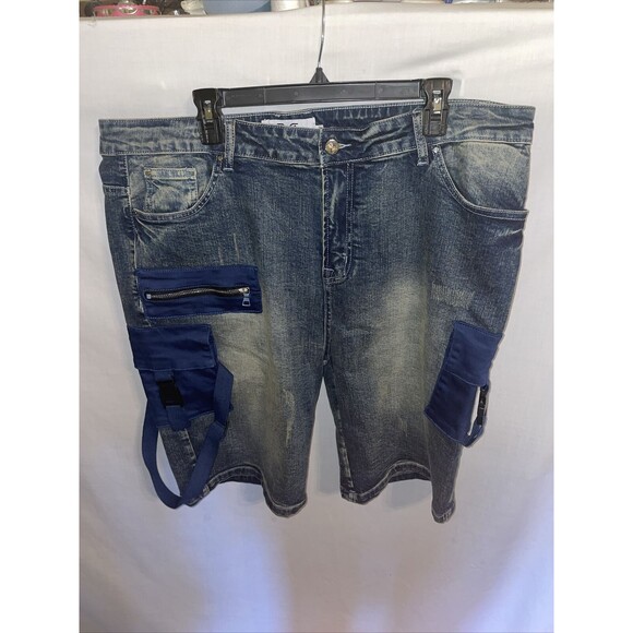 DNA Fashion Jean Shorts Men’s Size 42 Blue Zip Fly Bermuda Pockets Straps - Picture 1 of 12